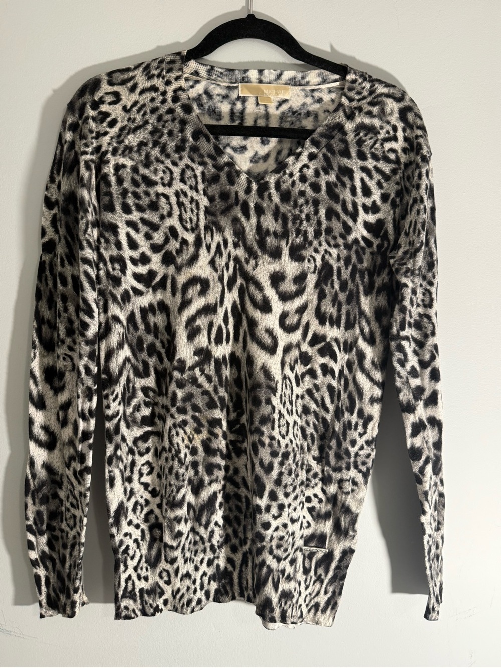 Michael Kors Black and White Leopard V-Neck Sweater